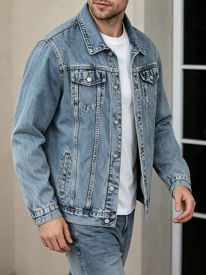 Men Vintage Light Wash Lapel Denim Jacket Button Up Long Sleeve Casual Trucker Jean Coat Double Chest Pockets