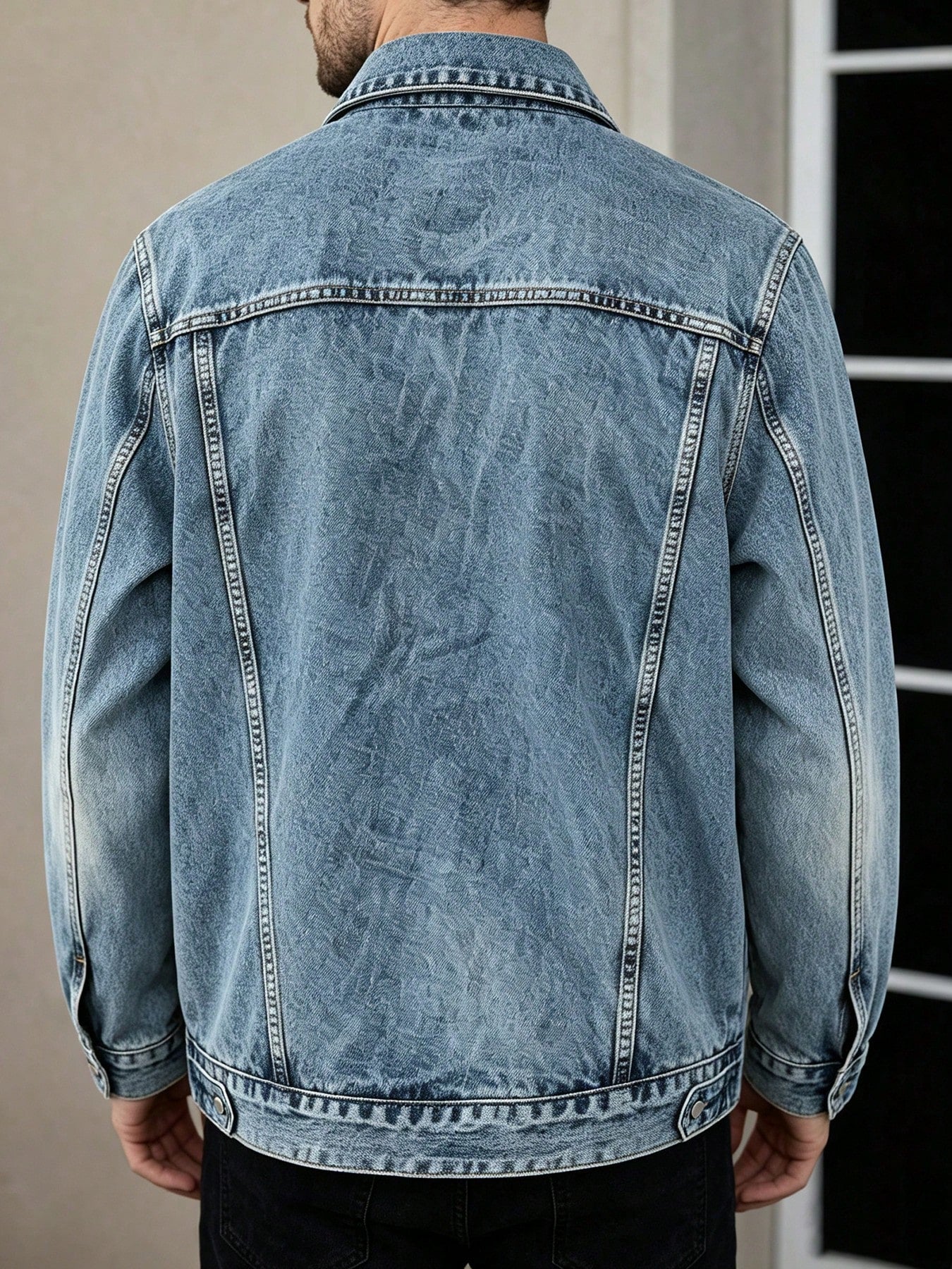 Men Vintage Light Wash Lapel Denim Jacket Button Up Long Sleeve Casual Trucker Jean Coat Double Chest Pockets