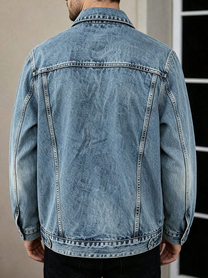Men Vintage Light Wash Lapel Denim Jacket Button Up Long Sleeve Casual Trucker Jean Coat Double Chest Pockets