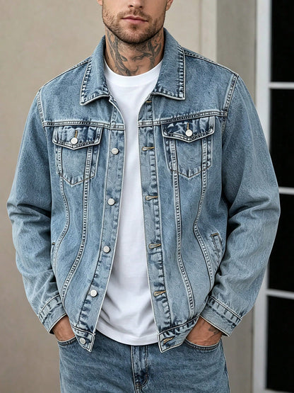 Men Vintage Light Wash Lapel Denim Jacket Button Up Long Sleeve Casual Trucker Jean Coat Double Chest Pockets