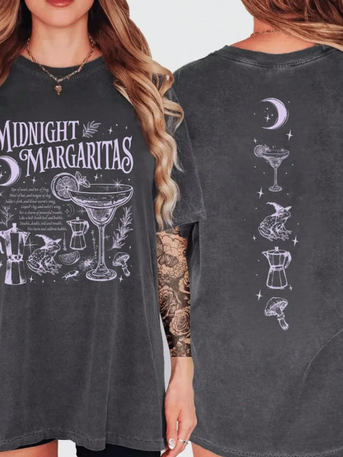Midnight Margaritas Witchy Moon Graphic Tee Vintage Acid Wash Cotton Shirt Aesthetic Y2K Streetwear Funny Drinking Top For Women