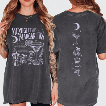 Midnight Margaritas Witchy Moon Graphic Tee Vintage Acid Wash Cotton Shirt Aesthetic Y2K Streetwear Funny Drinking Top For Women
