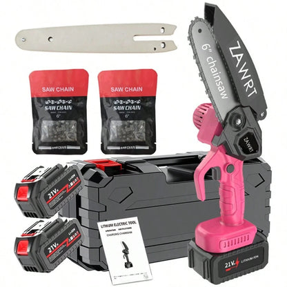 Mini Cordless Chain Saw Electric, 6 Inch Handheld Electric Chain Saw, 2 Batteries And 2 Handheld Portable Chain Saw, A Pair Of Goggles And A Pair Of Gloves For Trees, Yard, House And Garden. Father's