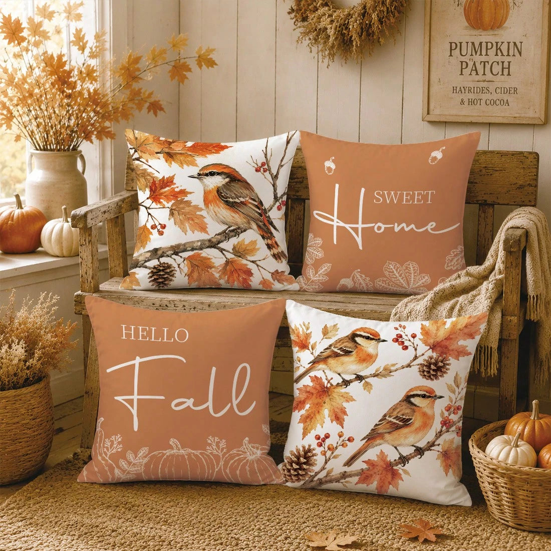 Minimalist Autumn Maple Leaf Pine Cone Bird On Branch Cushion Cover 4pcs Set, Single-Sided Printed Peach Skin Velvet Polyester Material, 45*45CM Pillow Covers For Modern Fabric Sofa Indoor Decoration