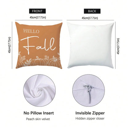 Minimalist Autumn Maple Leaf Pine Cone Bird On Branch Cushion Cover 4pcs Set, Single-Sided Printed Peach Skin Velvet Polyester Material, 45*45CM Pillow Covers For Modern Fabric Sofa Indoor Decoration