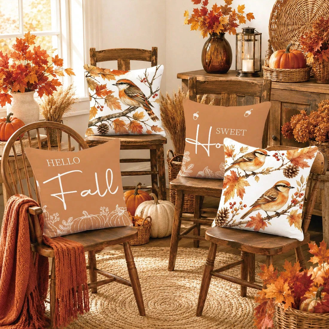 Minimalist Autumn Maple Leaf Pine Cone Bird On Branch Cushion Cover 4pcs Set, Single-Sided Printed Peach Skin Velvet Polyester Material, 45*45CM Pillow Covers For Modern Fabric Sofa Indoor Decoration