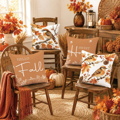 Minimalist Autumn Maple Leaf Pine Cone Bird On Branch Cushion Cover 4pcs Set, Single-Sided Printed Peach Skin Velvet Polyester Material, 45*45CM Pillow Covers For Modern Fabric Sofa Indoor Decoration