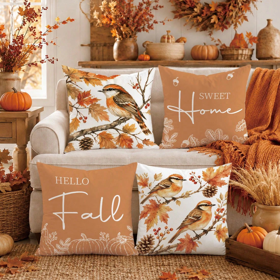 Minimalist Autumn Maple Leaf Pine Cone Bird On Branch Cushion Cover 4pcs Set, Single-Sided Printed Peach Skin Velvet Polyester Material, 45*45CM Pillow Covers For Modern Fabric Sofa Indoor Decoration