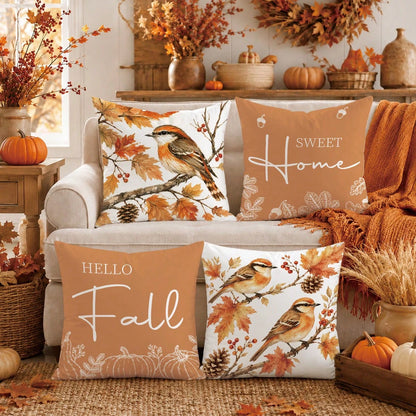 Minimalist Autumn Maple Leaf Pine Cone Bird On Branch Cushion Cover 4pcs Set, Single-Sided Printed Peach Skin Velvet Polyester Material, 45*45CM Pillow Covers For Modern Fabric Sofa Indoor Decoration