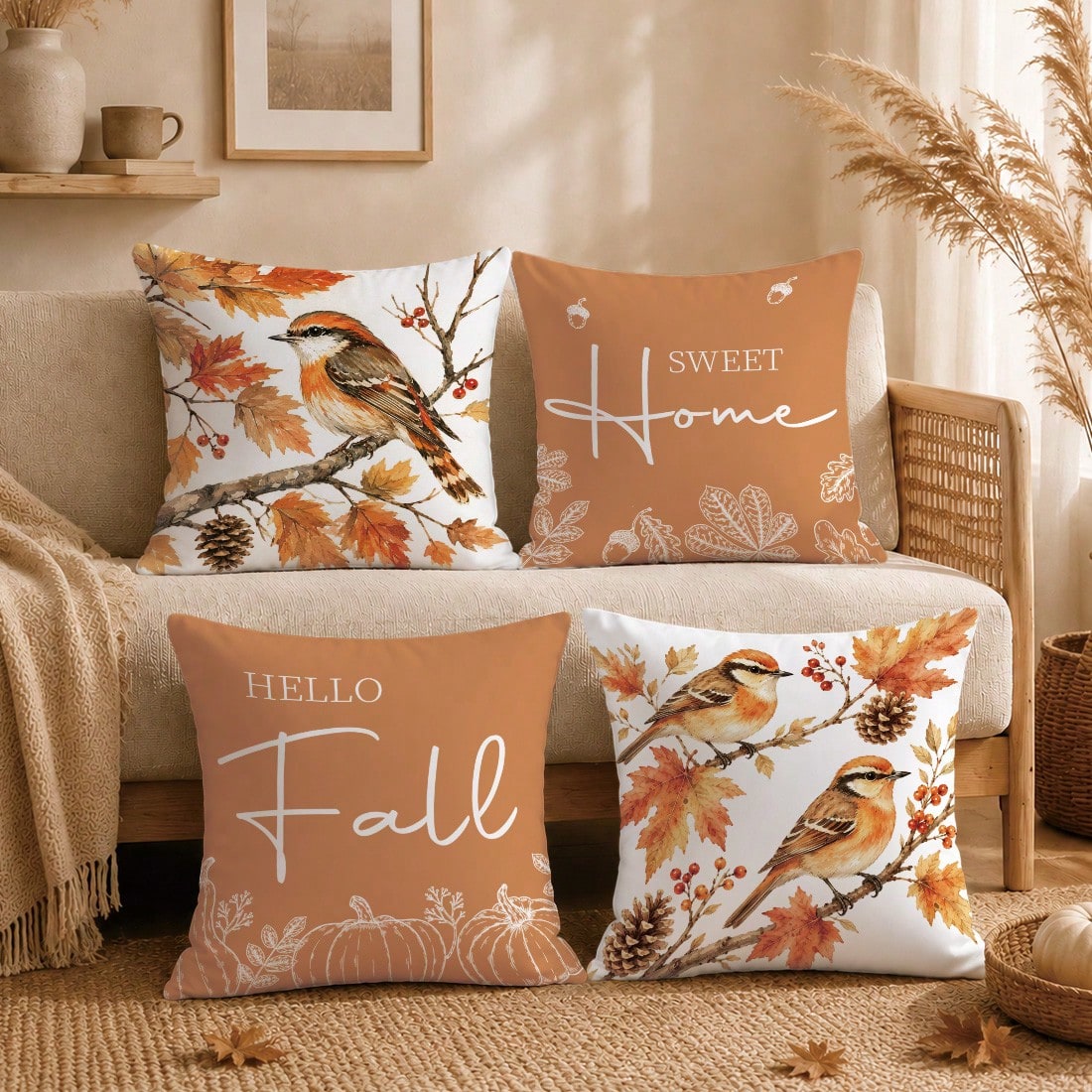 Minimalist Autumn Maple Leaf Pine Cone Bird On Branch Cushion Cover 4pcs Set, Single-Sided Printed Peach Skin Velvet Polyester Material, 45*45CM Pillow Covers For Modern Fabric Sofa Indoor Decoration