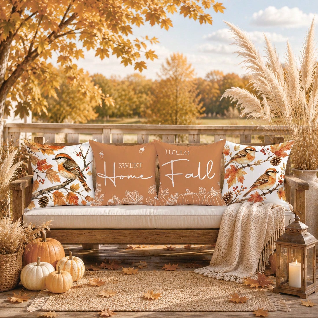 Minimalist Autumn Maple Leaf Pine Cone Bird On Branch Cushion Cover 4pcs Set, Single-Sided Printed Peach Skin Velvet Polyester Material, 45*45CM Pillow Covers For Modern Fabric Sofa Indoor Decoration