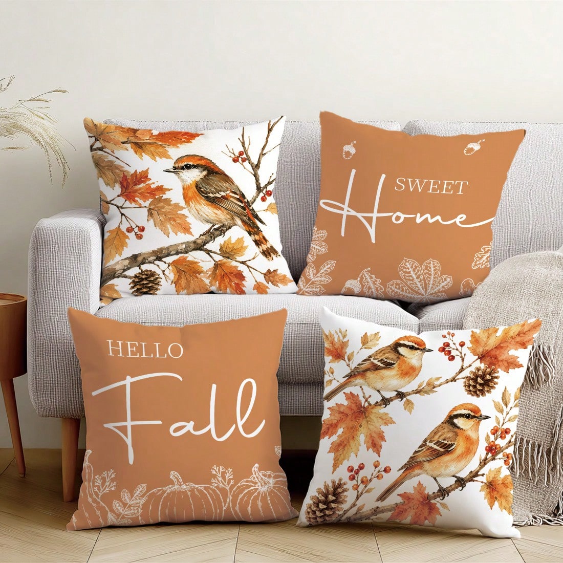 Minimalist Autumn Maple Leaf Pine Cone Bird On Branch Cushion Cover 4pcs Set, Single-Sided Printed Peach Skin Velvet Polyester Material, 45*45CM Pillow Covers For Modern Fabric Sofa Indoor Decoration