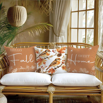 Minimalist Autumn Maple Leaf Pine Cone Bird On Branch Cushion Cover 4pcs Set, Single-Sided Printed Peach Skin Velvet Polyester Material, 45*45CM Pillow Covers For Modern Fabric Sofa Indoor Decoration