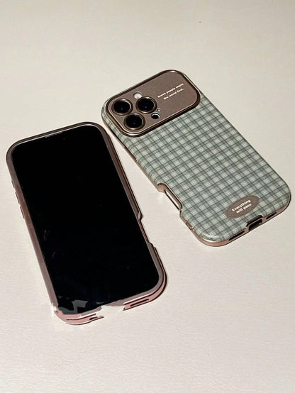 Minimalist Ins Plaid Checkered Couple Phone Case Compatible With Apple 17 Pro Max, 16 Pro, 13, 14 Pro, 15 Pro, Niche Full Coverage Leather Shockproof Soft Shell