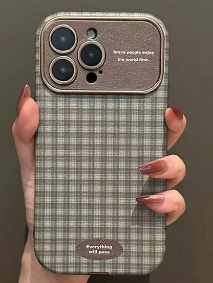 Minimalist Ins Plaid Checkered Couple Phone Case Compatible With Apple 17 Pro Max, 16 Pro, 13, 14 Pro, 15 Pro, Niche Full Coverage Leather Shockproof Soft Shell