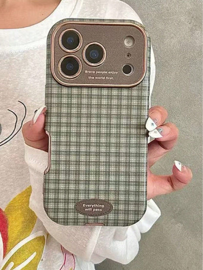 Minimalist Ins Plaid Checkered Couple Phone Case Compatible With Apple 17 Pro Max, 16 Pro, 13, 14 Pro, 15 Pro, Niche Full Coverage Leather Shockproof Soft Shell