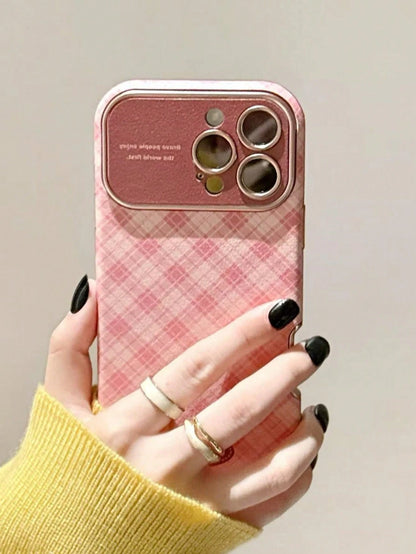 Minimalist Ins Plaid Checkered Couple Phone Case Compatible With Apple 17 Pro Max, 16 Pro, 13, 14 Pro, 15 Pro, Niche Full Coverage Leather Shockproof Soft Shell