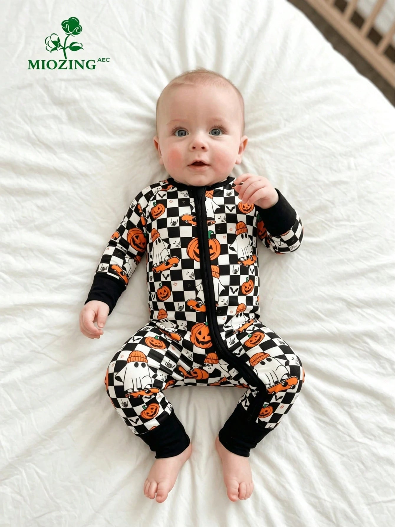 MIOZING Checkerboard Pumpkin Ghost Print Baby Romper, Black&White Long Sleeve Zip Jumpsuit, Daily Outfit, Soft Bamboo Fiber Fabric For Baby Boys