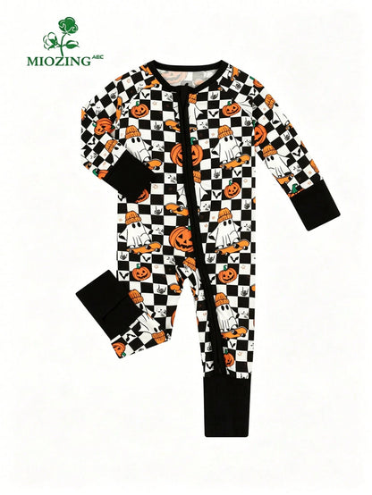 MIOZING Checkerboard Pumpkin Ghost Print Baby Romper, Black&White Long Sleeve Zip Jumpsuit, Daily Outfit, Soft Bamboo Fiber Fabric For Baby Boys