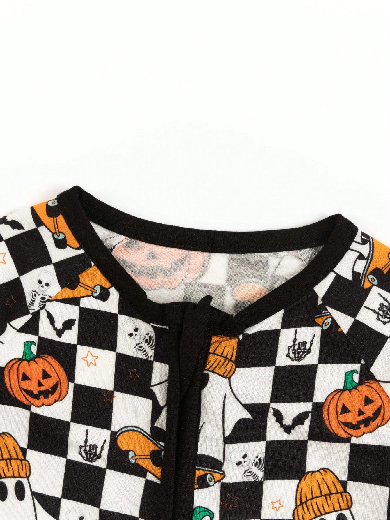 MIOZING Checkerboard Pumpkin Ghost Print Baby Romper, Black&White Long Sleeve Zip Jumpsuit, Daily Outfit, Soft Bamboo Fiber Fabric For Baby Boys