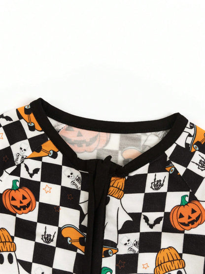 MIOZING Checkerboard Pumpkin Ghost Print Baby Romper, Black&White Long Sleeve Zip Jumpsuit, Daily Outfit, Soft Bamboo Fiber Fabric For Baby Boys