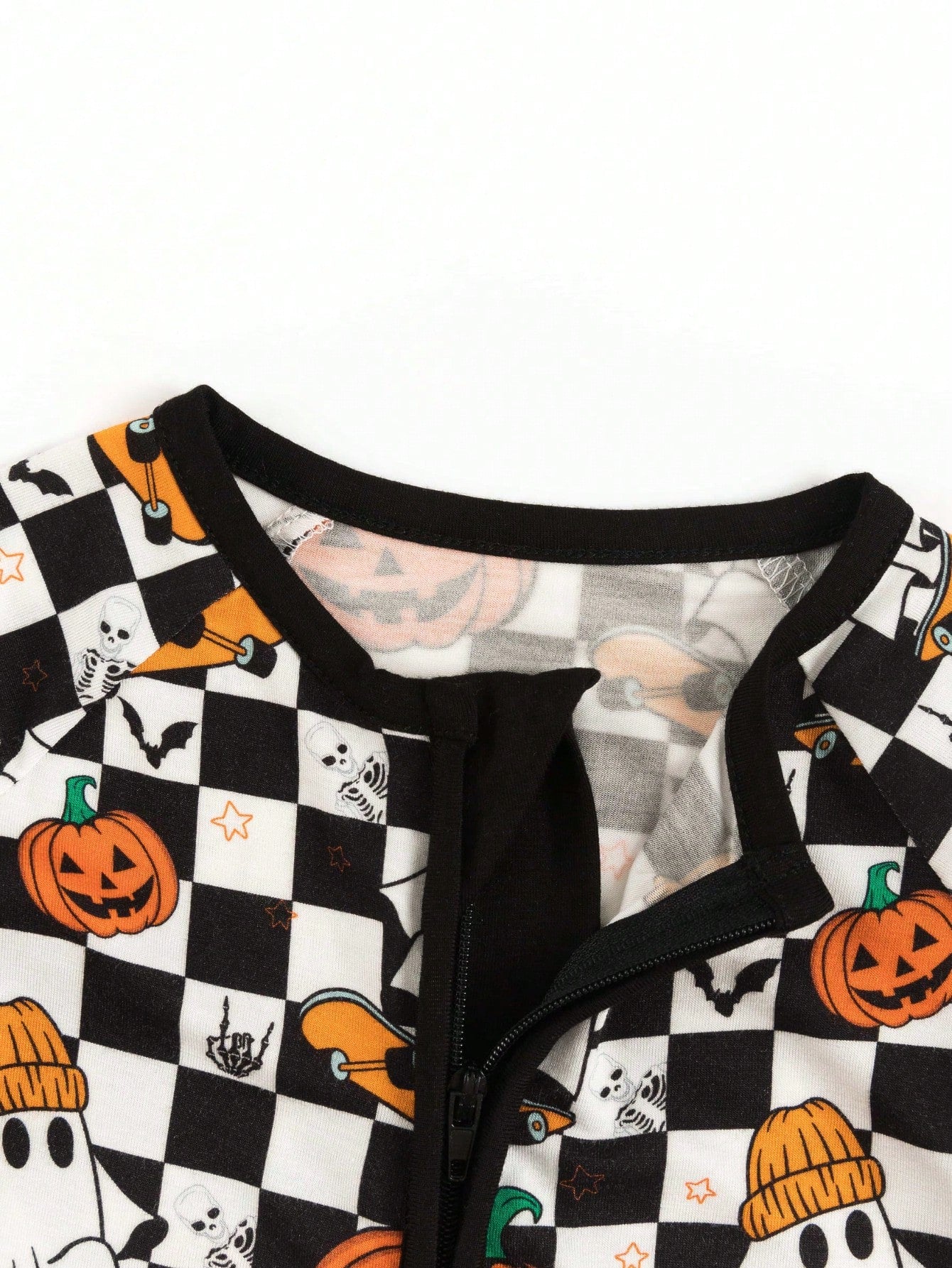 MIOZING Checkerboard Pumpkin Ghost Print Baby Romper, Black&White Long Sleeve Zip Jumpsuit, Daily Outfit, Soft Bamboo Fiber Fabric For Baby Boys
