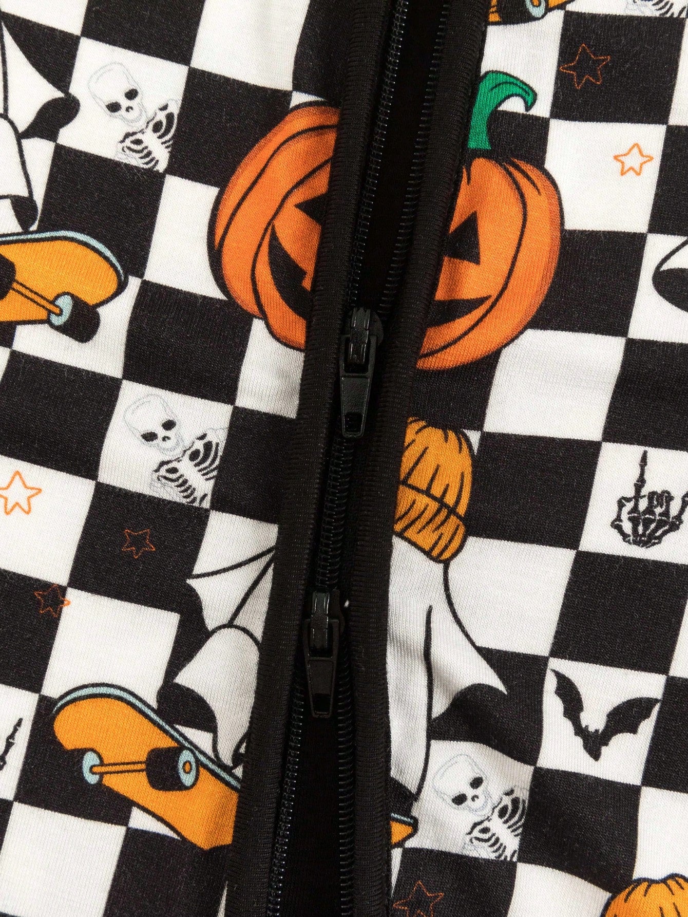 MIOZING Checkerboard Pumpkin Ghost Print Baby Romper, Black&White Long Sleeve Zip Jumpsuit, Daily Outfit, Soft Bamboo Fiber Fabric For Baby Boys