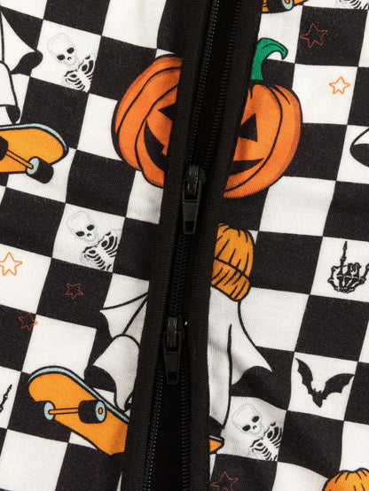 MIOZING Checkerboard Pumpkin Ghost Print Baby Romper, Black&White Long Sleeve Zip Jumpsuit, Daily Outfit, Soft Bamboo Fiber Fabric For Baby Boys