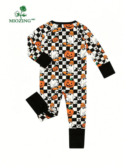 MIOZING Checkerboard Pumpkin Ghost Print Baby Romper, Black&White Long Sleeve Zip Jumpsuit, Daily Outfit, Soft Bamboo Fiber Fabric For Baby Boys