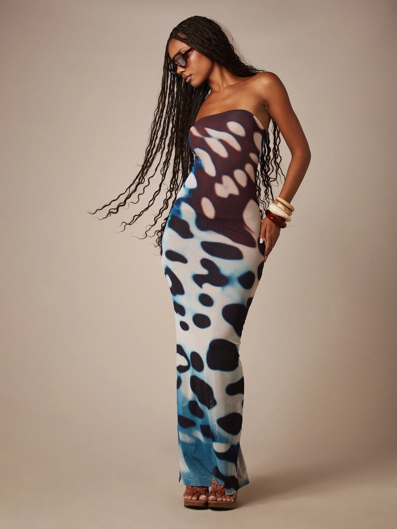 MISSGUIDED Strapless Bandeau Bodycon Maxi Dress With All Over Butterfly Wing Abstract Print Summer Festival Long Dress