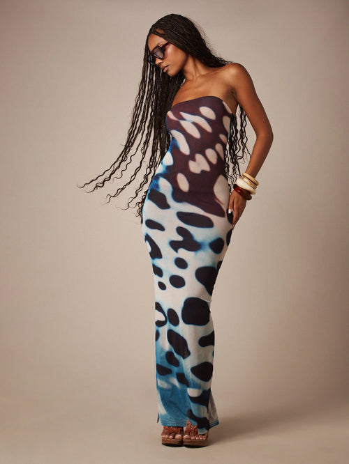 MISSGUIDED Strapless Bandeau Bodycon Maxi Dress With All Over Butterfly Wing Abstract Print Summer Festival Long Dress