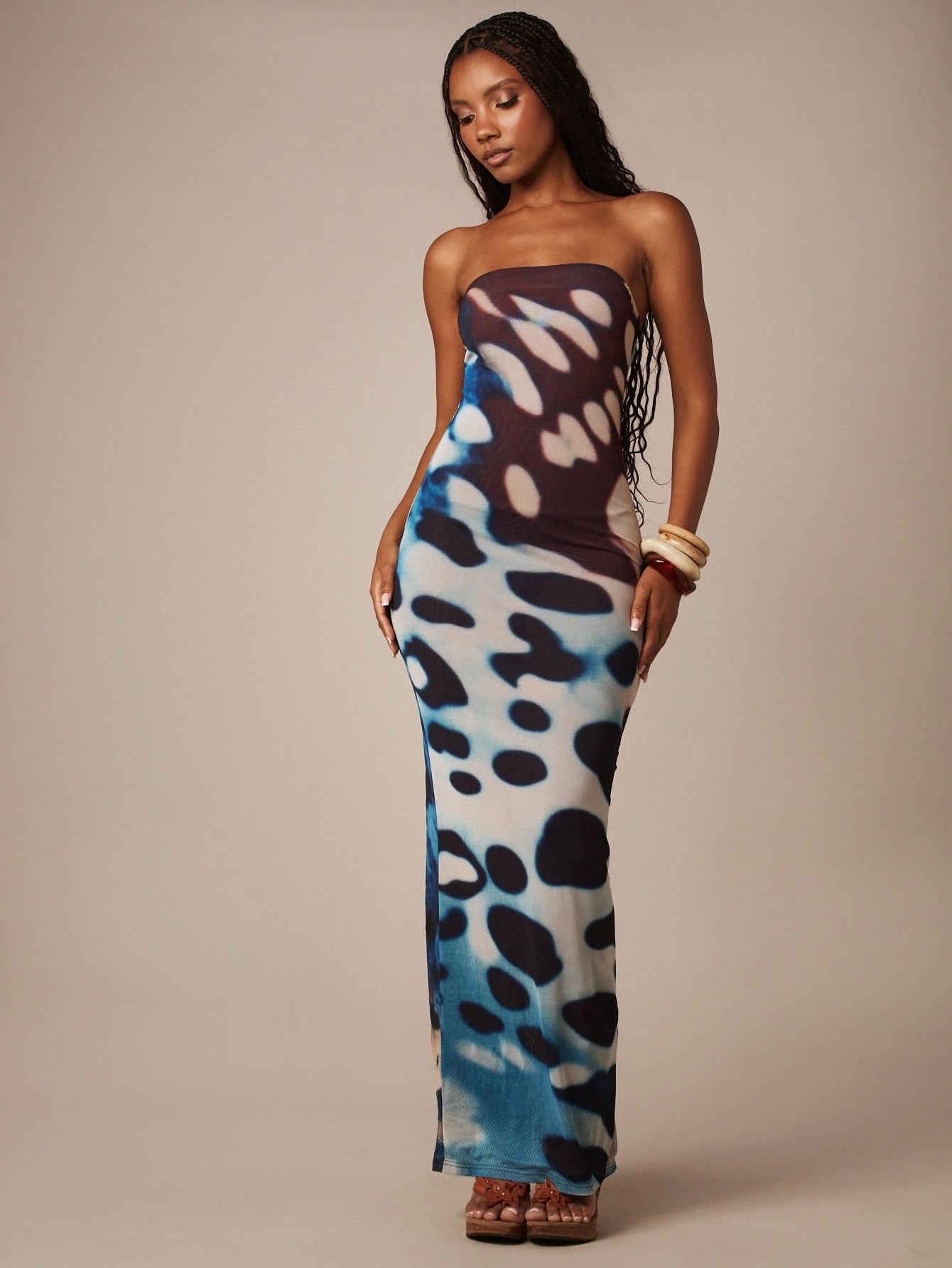 MISSGUIDED Strapless Bandeau Bodycon Maxi Dress With All Over Butterfly Wing Abstract Print Summer Festival Long Dress