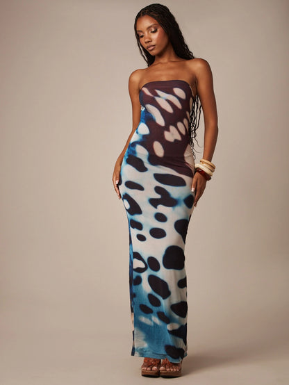MISSGUIDED Strapless Bandeau Bodycon Maxi Dress With All Over Butterfly Wing Abstract Print Summer Festival Long Dress
