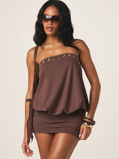 MISSGUIDED Women's Strapless Brown Eyelet Mini Dress With Gold Hardware Details Bodycon Evening Party Dress Fall Winter Fashion