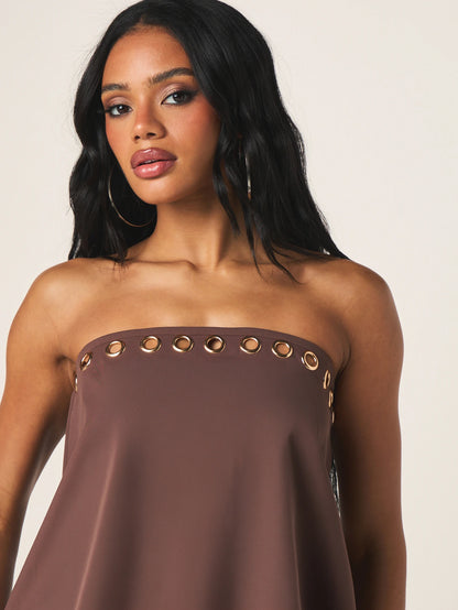 MISSGUIDED Women's Strapless Brown Eyelet Mini Dress With Gold Hardware Details Bodycon Evening Party Dress Fall Winter Fashion