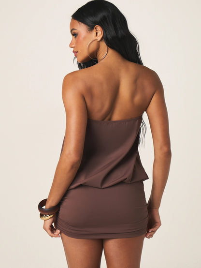 MISSGUIDED Women's Strapless Brown Eyelet Mini Dress With Gold Hardware Details Bodycon Evening Party Dress Fall Winter Fashion