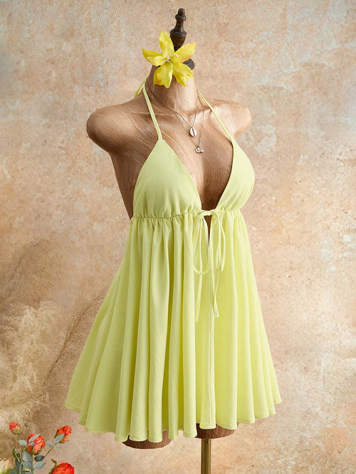 Mistrie Women's Lime Green Summer Casual Breezy Sexy Beach Vacation Holiday Halter Neck Cami Mini Dress Deep V-Neck Tie Front Flowy Chiffon A-Line Sundress