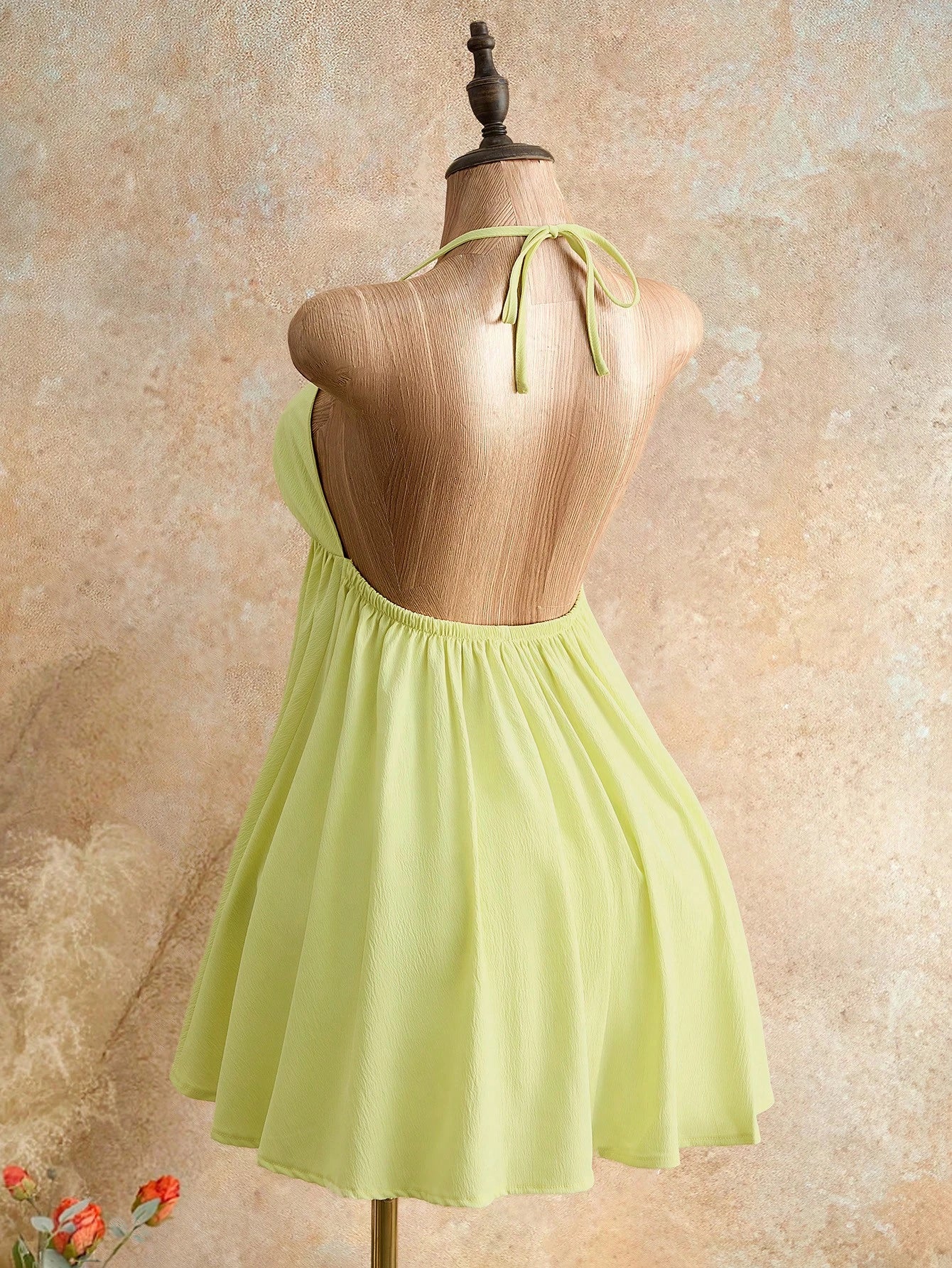 Mistrie Women's Lime Green Summer Casual Breezy Sexy Beach Vacation Holiday Halter Neck Cami Mini Dress Deep V-Neck Tie Front Flowy Chiffon A-Line Sundress