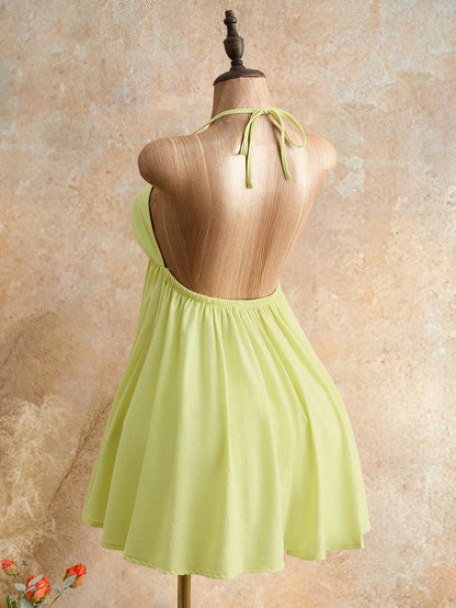 Mistrie Women's Lime Green Summer Casual Breezy Sexy Beach Vacation Holiday Halter Neck Cami Mini Dress Deep V-Neck Tie Front Flowy Chiffon A-Line Sundress