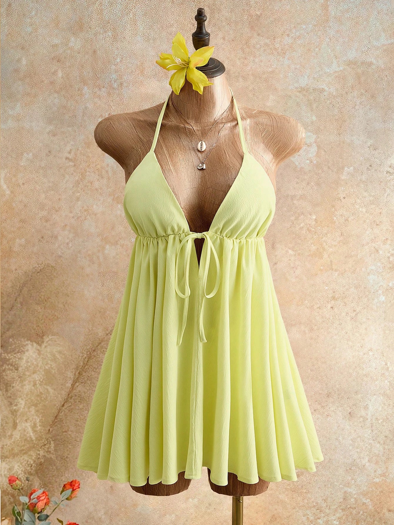 Mistrie Women's Lime Green Summer Casual Breezy Sexy Beach Vacation Holiday Halter Neck Cami Mini Dress Deep V-Neck Tie Front Flowy Chiffon A-Line Sundress