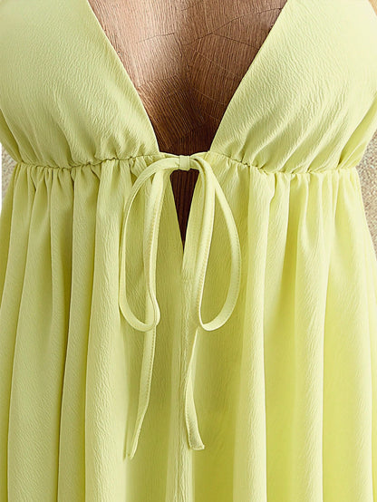 Mistrie Women's Lime Green Summer Casual Breezy Sexy Beach Vacation Holiday Halter Neck Cami Mini Dress Deep V-Neck Tie Front Flowy Chiffon A-Line Sundress