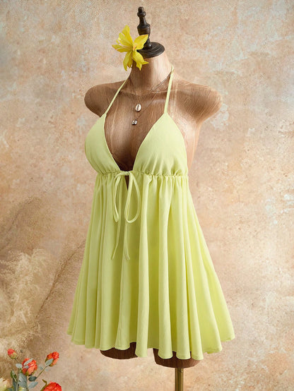 Mistrie Women's Lime Green Summer Casual Breezy Sexy Beach Vacation Holiday Halter Neck Cami Mini Dress Deep V-Neck Tie Front Flowy Chiffon A-Line Sundress