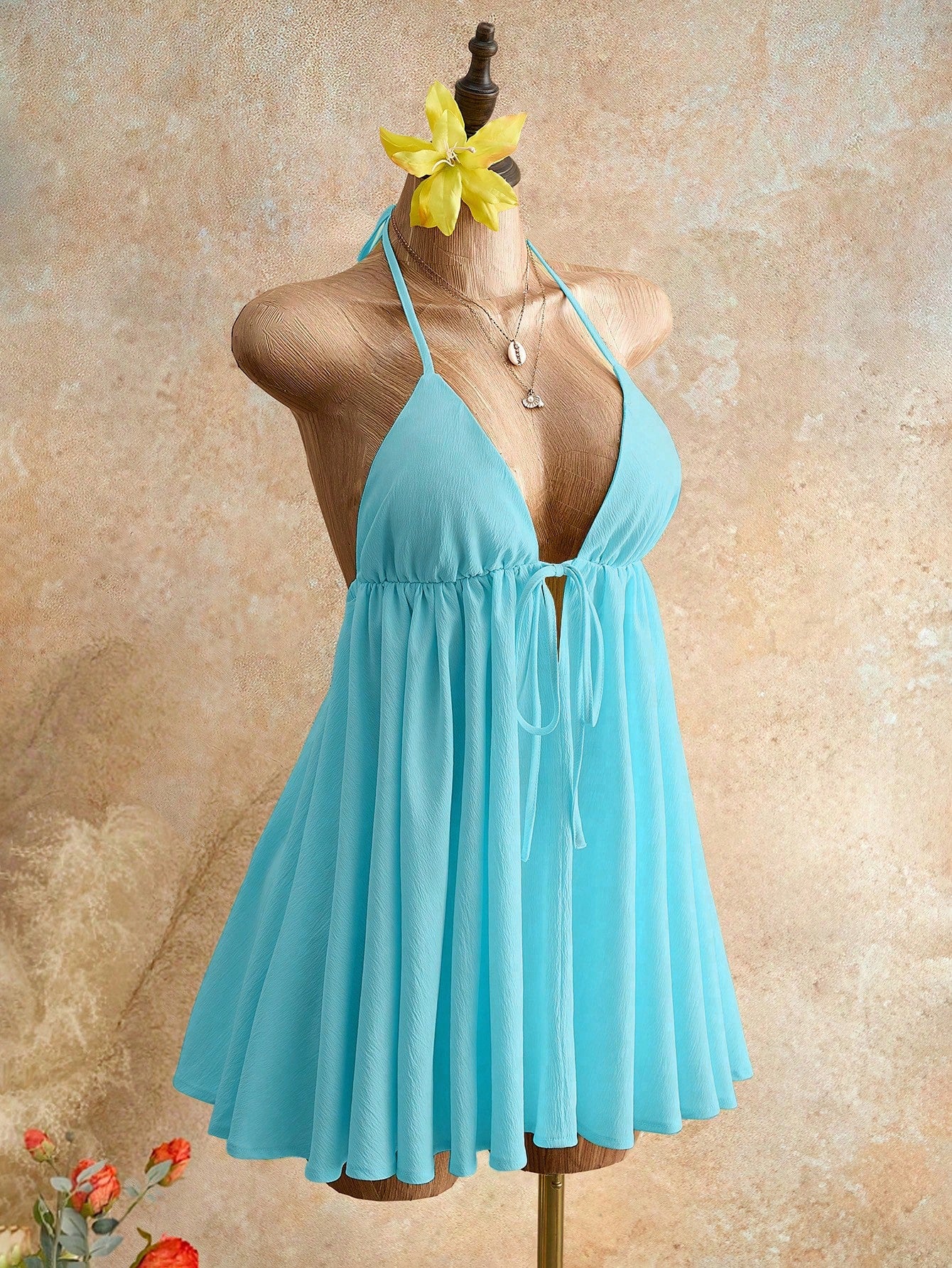 Mistrie Women's Lime Green Summer Casual Breezy Sexy Beach Vacation Holiday Halter Neck Cami Mini Dress Deep V-Neck Tie Front Flowy Chiffon A-Line Sundress