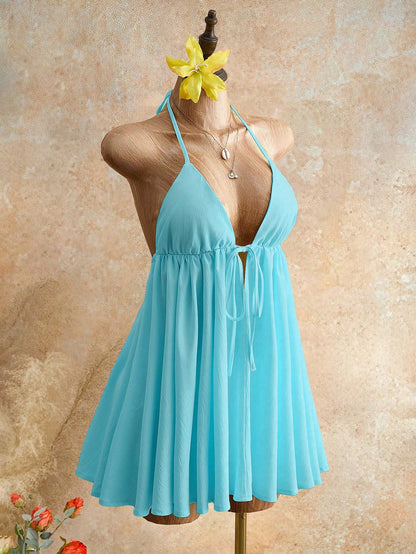 Mistrie Women's Lime Green Summer Casual Breezy Sexy Beach Vacation Holiday Halter Neck Cami Mini Dress Deep V-Neck Tie Front Flowy Chiffon A-Line Sundress