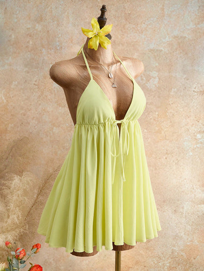 Mistrie Women's Lime Green Summer Casual Breezy Sexy Beach Vacation Holiday Halter Neck Cami Mini Dress Deep V-Neck Tie Front Flowy Chiffon A-Line Sundress