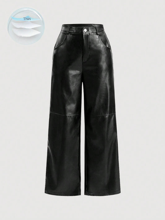 MOD Black Date Night Solid PU Leather Straight Leg Pants