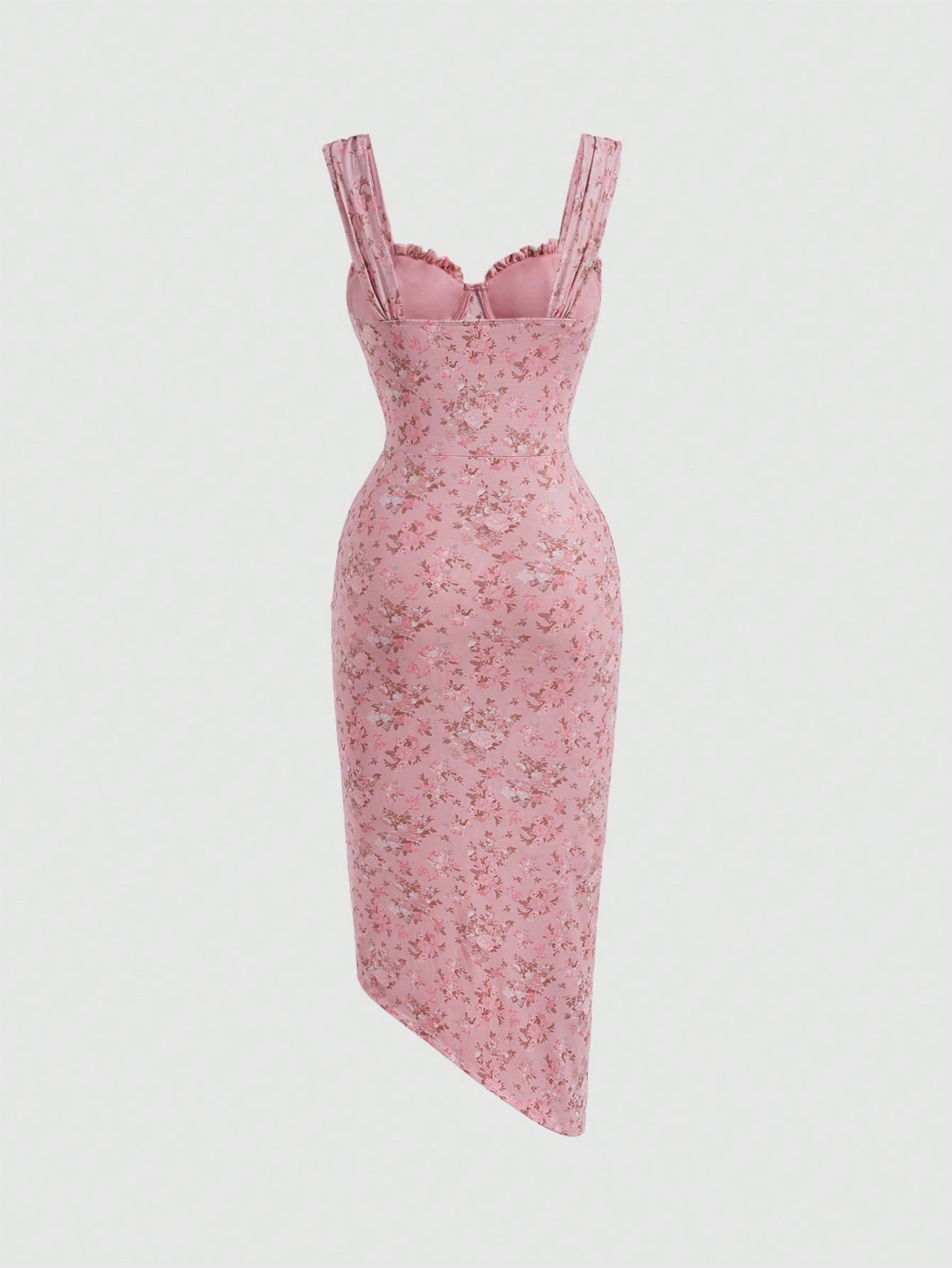 MOD Ditsy Floral Print Ruched Split Thigh Cami Pink Floral Lotus Leaf Breast Cup Dress