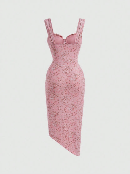 MOD Ditsy Floral Print Ruched Split Thigh Cami Pink Floral Lotus Leaf Breast Cup Dress