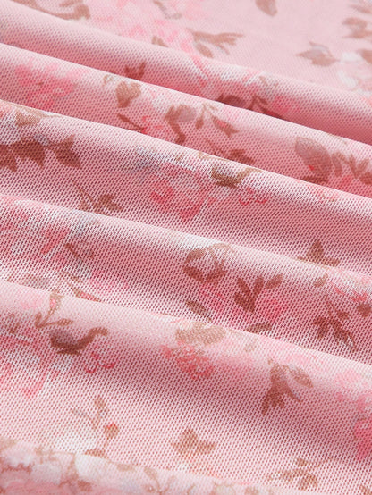 MOD Ditsy Floral Print Ruched Split Thigh Cami Pink Floral Lotus Leaf Breast Cup Dress
