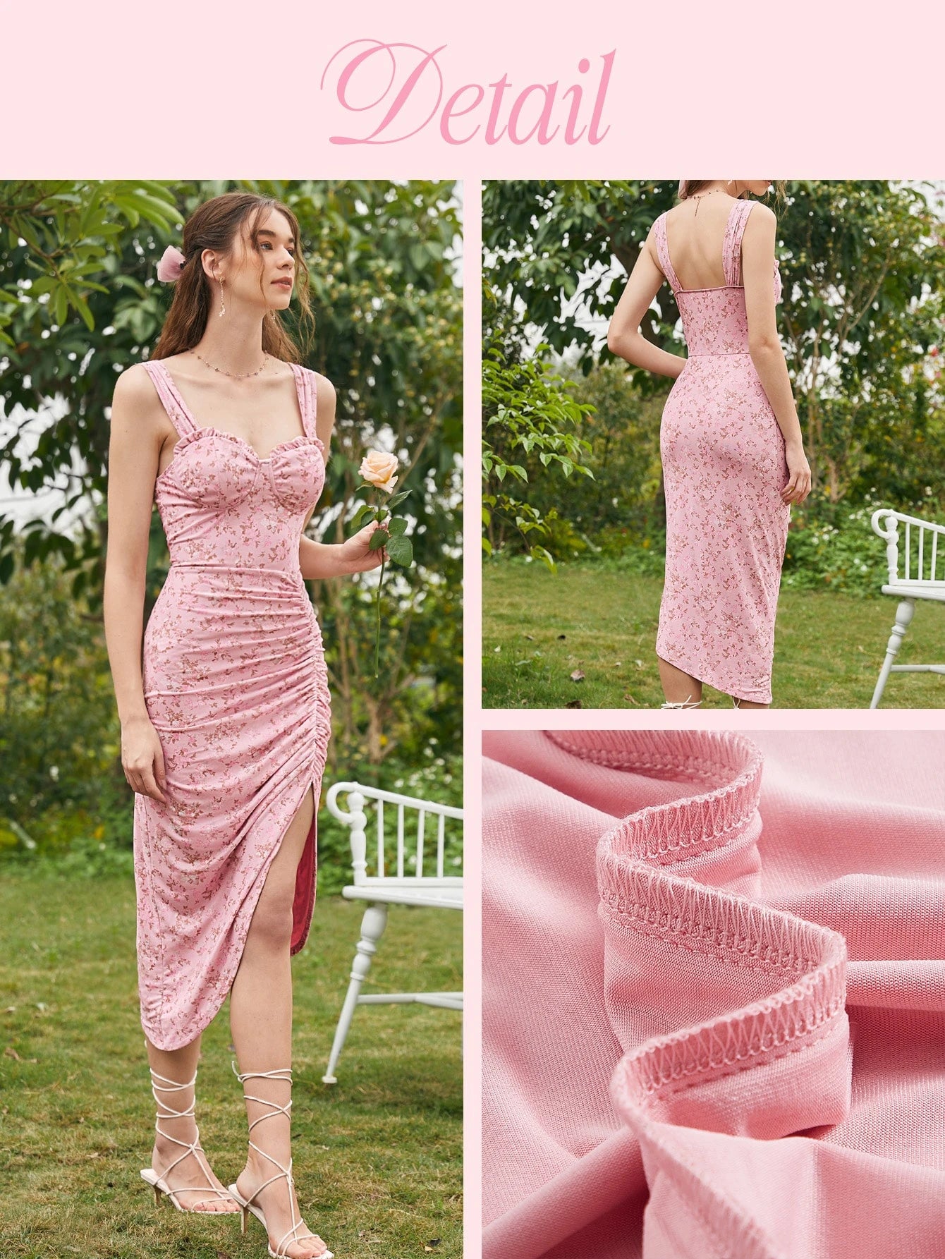 MOD Ditsy Floral Print Ruched Split Thigh Cami Pink Floral Lotus Leaf Breast Cup Dress
